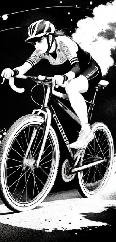 Black and white wallpaper of a cyclist in action.