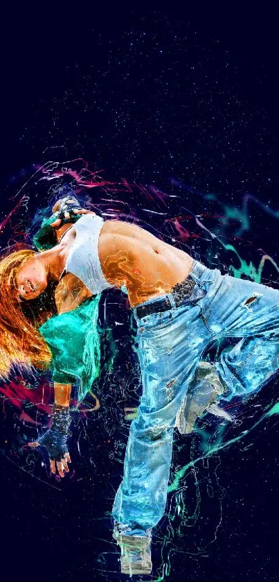 Vibrant dance artwork with neon colors and dynamic movement.