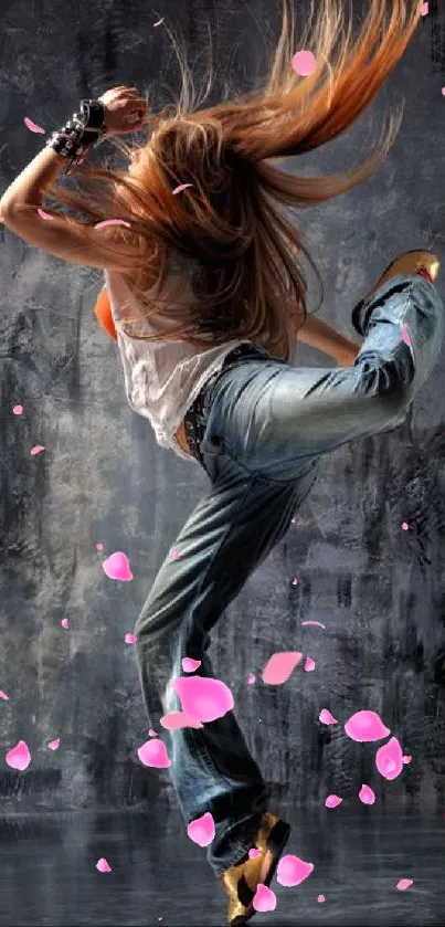 A dancer in motion with a gray textured background.