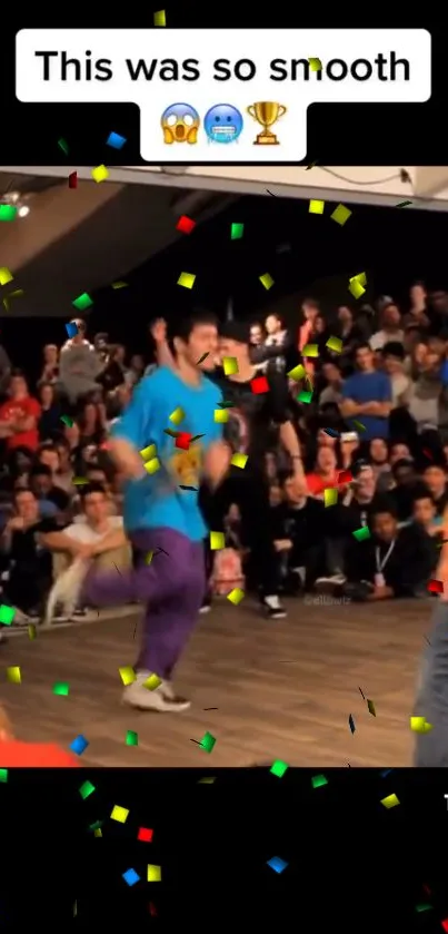 Energetic dance scene with confetti and a cheering crowd at a lively event.