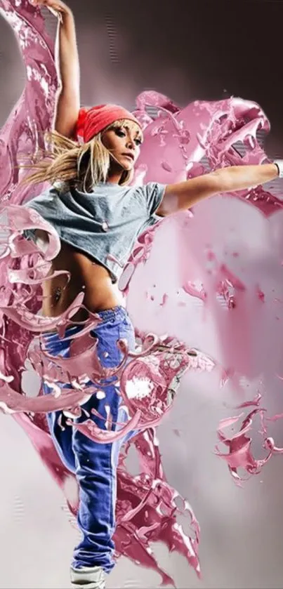 Vibrant dancer with pink paint splashes.