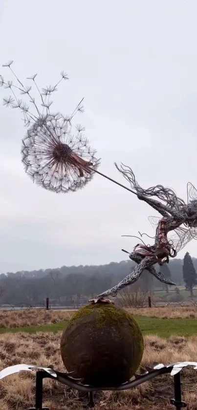 Dynamic dandelion sculpture in tranquil landscape.