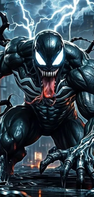 Dark superhero character in cityscape wallpaper.