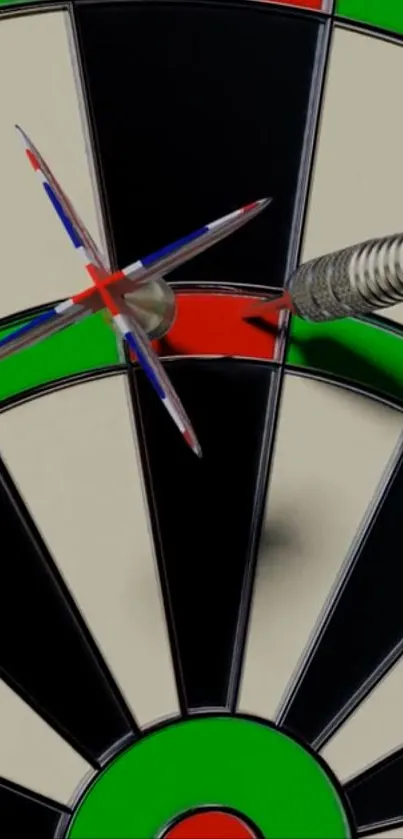 Close-up of darts on a vibrant dartboard, perfect for mobile wallpaper.