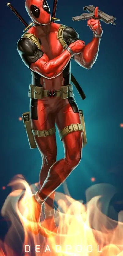 Deadpool in action pose on a dark blue background wallpaper.