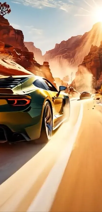 Green sports car racing through a scenic desert under a blazing sun.