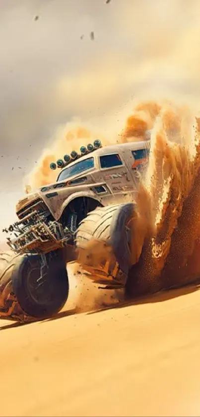 Monster truck racing across desert sands, creating a thrilling off-road adventure.