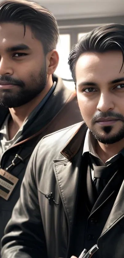 Mobile wallpaper of two detectives in modern attire, brown tones.