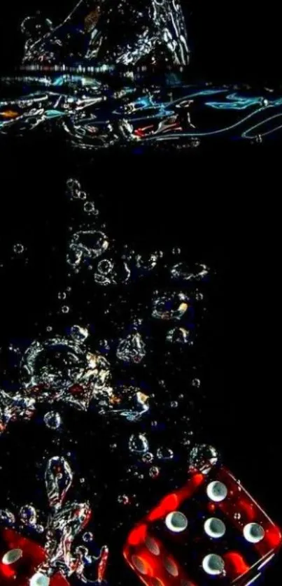 Two red dice splashing into water with bubbles on a dark background.