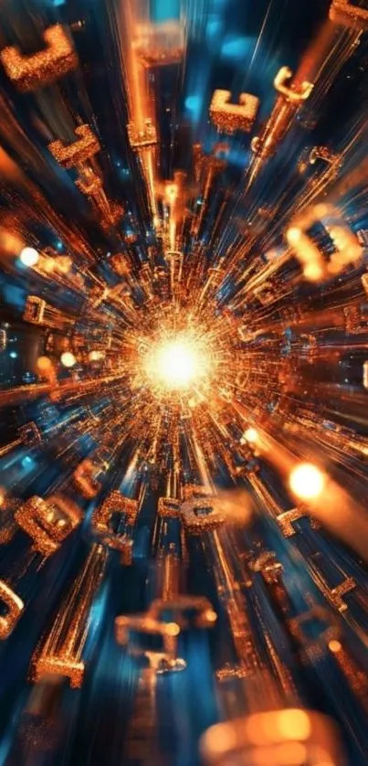 Abstract digital explosion with glowing symbols on a vibrant background.