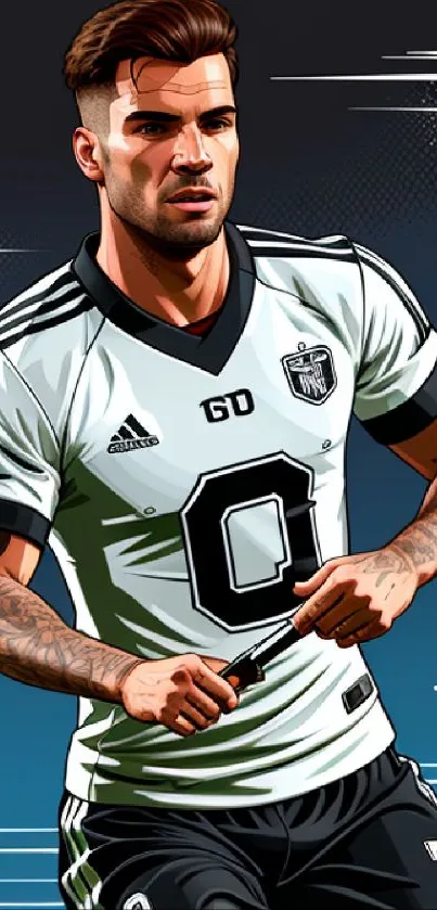 Illustrated soccer player in modern graphic style, wearing white jersey.