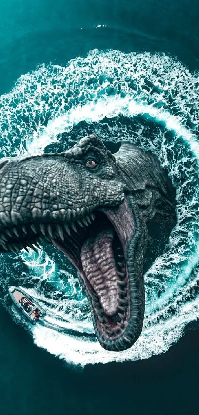 Dinosaur emerging from ocean waves in a dynamic and dramatic wallpaper.