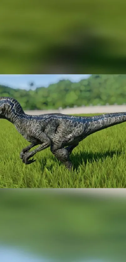 Lifelike velociraptor running through lush green grass.