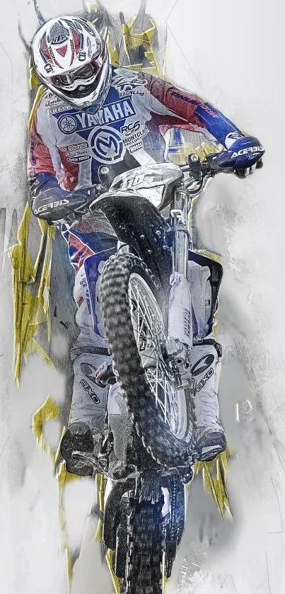 Vibrant motocross rider in action on dirt bike, showcasing dynamic movement.
