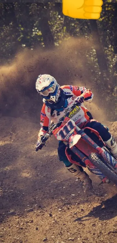 Motocross rider racing on a dirt track in an action-packed moment.
