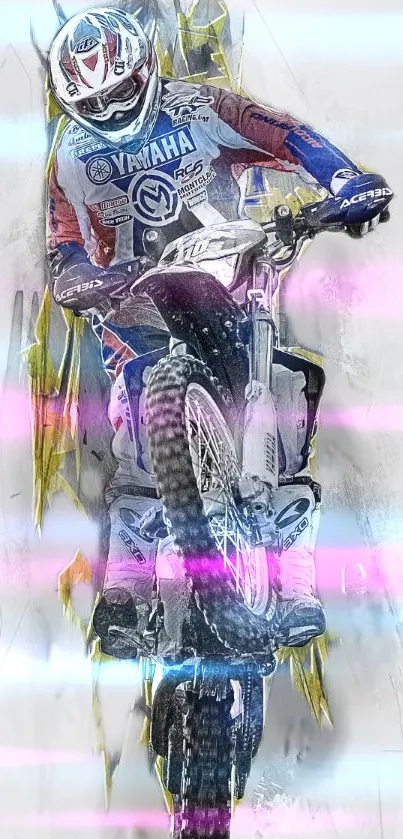 Dynamic dirt bike action with colorful background.