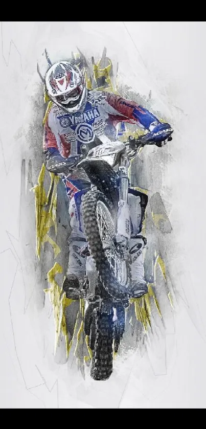 Motocross rider illustrated in dynamic action gray toned art.