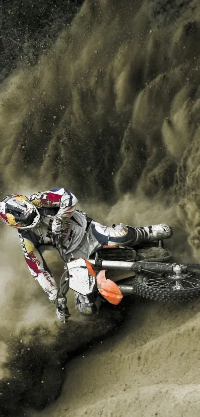 Motocross rider on dirt bike performing stunts in dynamic action scene.