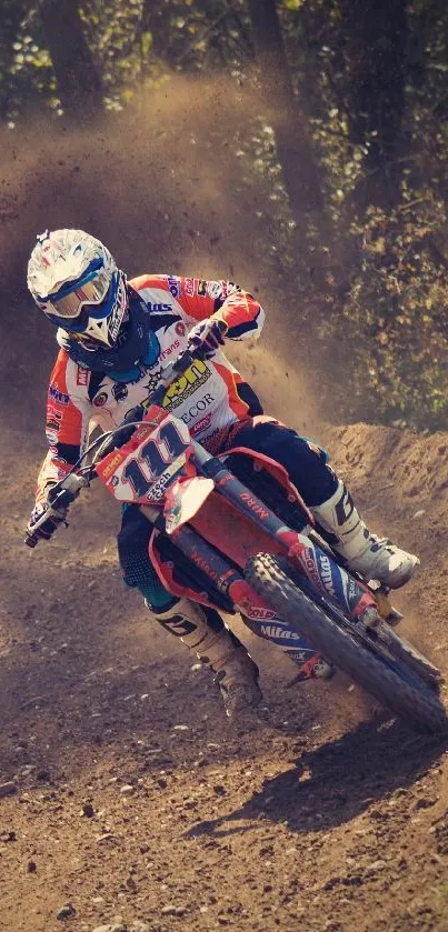 Motocross rider speeding on dirt track.