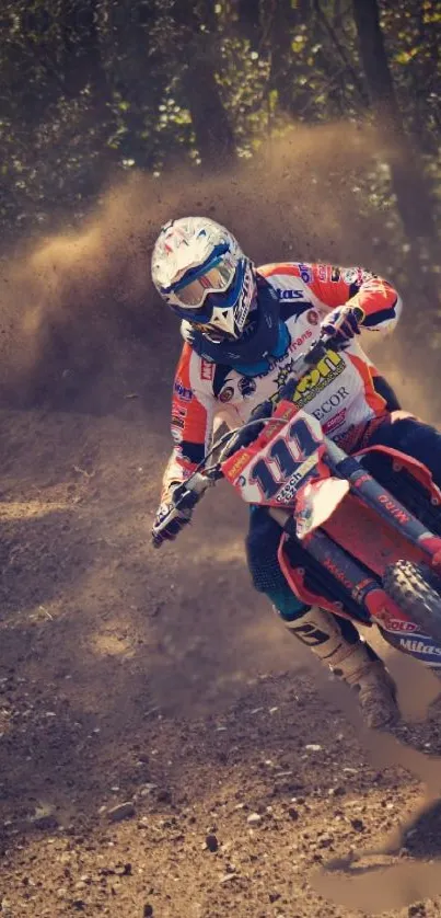 Motocross rider racing through a dirt track amid dust clouds.