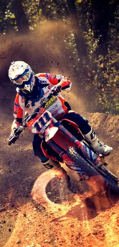 Rider on a dirt bike racing through rugged terrain, creating a cloud of dust.