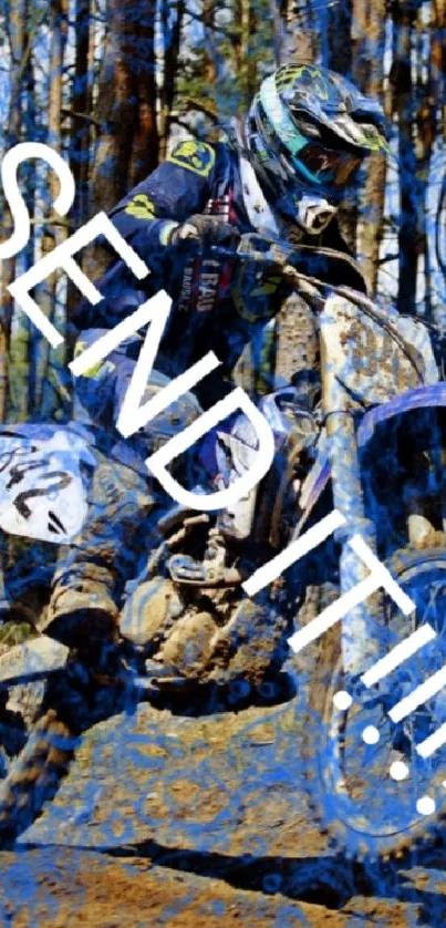 Dirt bike in motion on a forest trail with 'SEND IT!!!' text overlay.