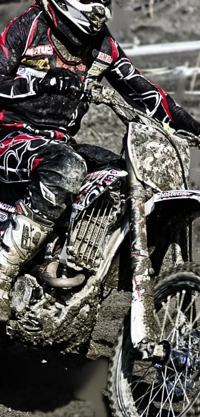 Motocross rider in full action on a dirt bike, showcasing dynamic movement.