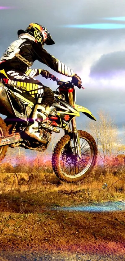 Motocross rider jumps dirt bike on rugged track.