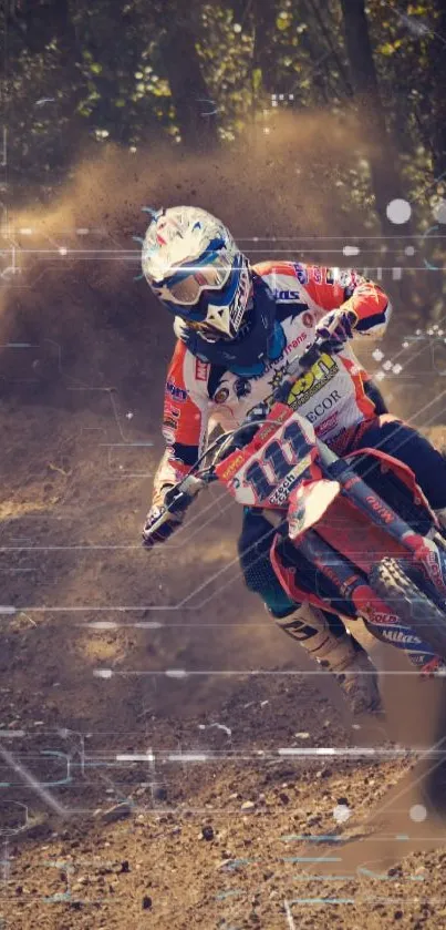 Exciting dirt bike racer speeding on a dusty track wallpaper.