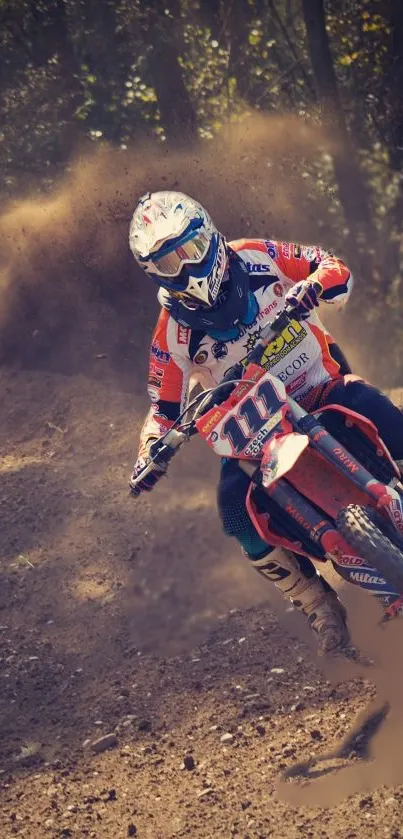 Intense dirt bike racer on track, spraying dirt in an action-packed moment.