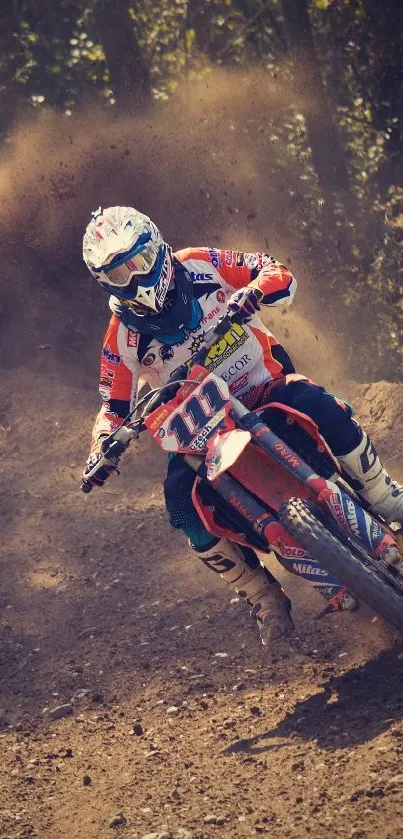 Off-road dirt bike racing in action, kicking up dust on a forest track.