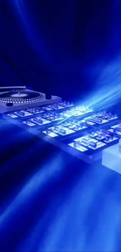 Dynamic DJ console illuminated in blue.