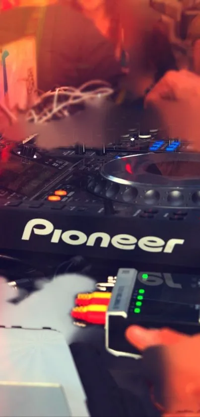 Vibrant Pioneer DJ mixing desk with colorful lighting effects.