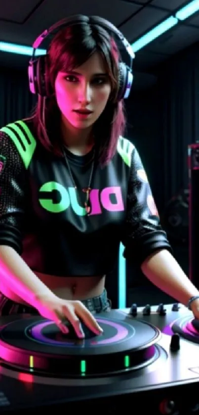 DJ with headphones and neon lights in a vibrant music setting.