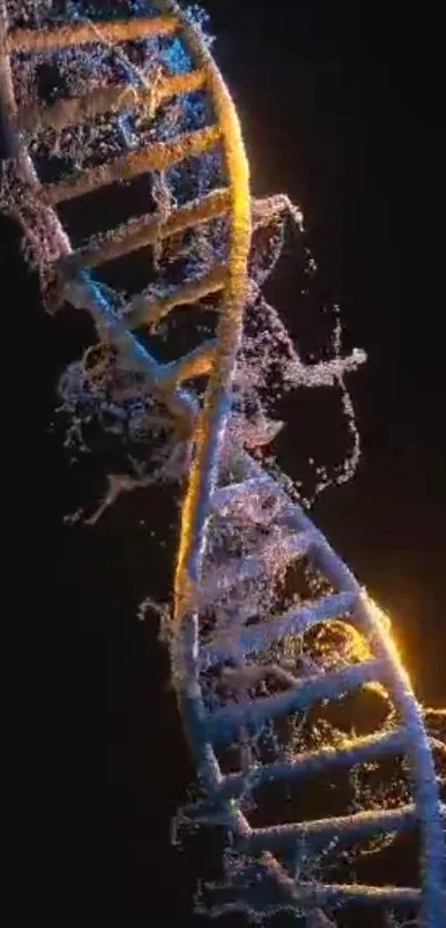 Dynamic DNA spiral with glowing edges on a dark background.