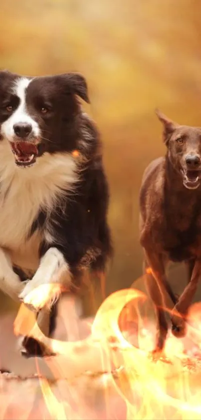 Two dogs running with a fiery backdrop, creating a dynamic mobile wallpaper.