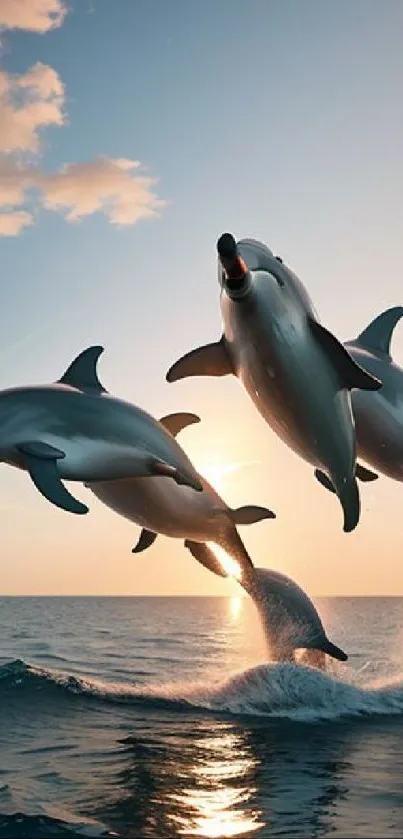 Dolphins leaping out of ocean at sunset, creating a serene and dynamic scene.