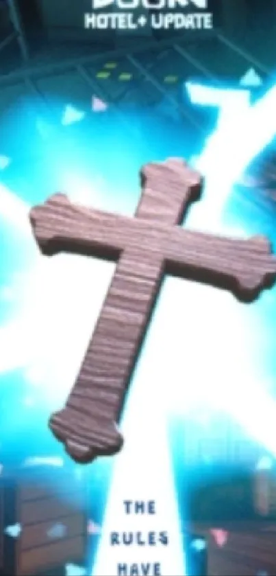 Glowing cross in neon lighting with vibrant colors.