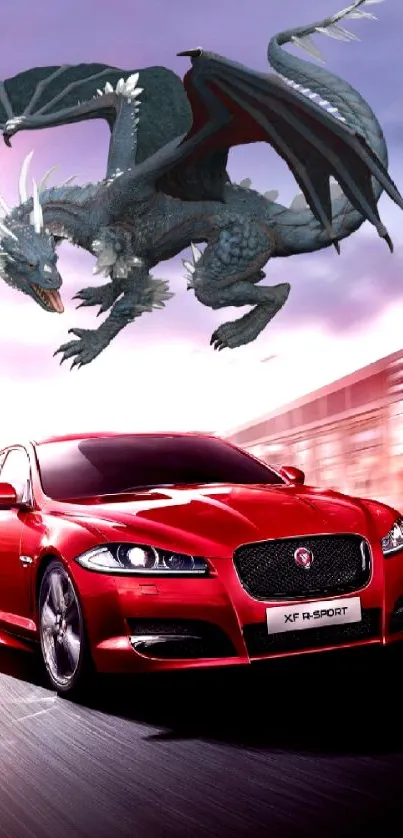 Red sports car with a dragon in a dynamic urban scene.