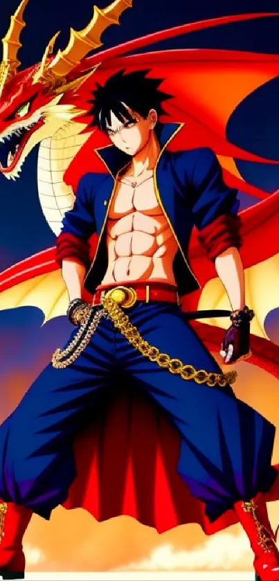 Anime-style dragon warrior in bold red and blue colors, striking a dynamic pose.