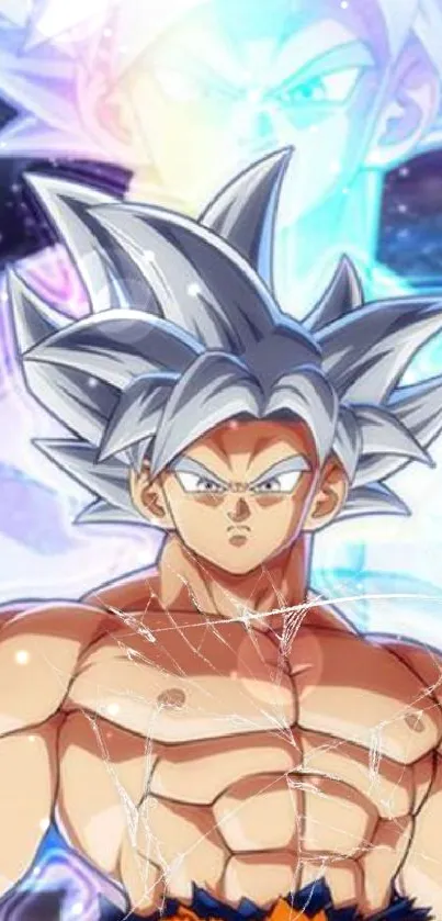 Vibrant Dragon Ball anime character with silver hair in action pose.