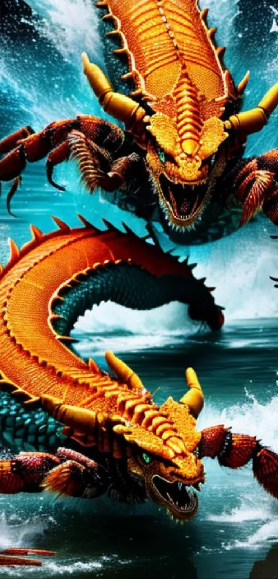 Epic dragons engaged in a vivid water battle.