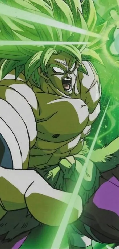 Broly from Dragonball with a glowing green aura and intense energy blast.