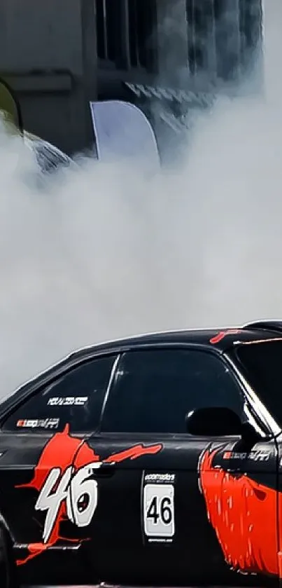 High-speed drift car against smoky background.