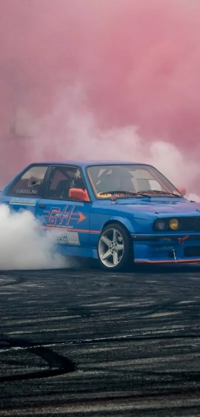 Blue drift car surrounded by pink smoke.