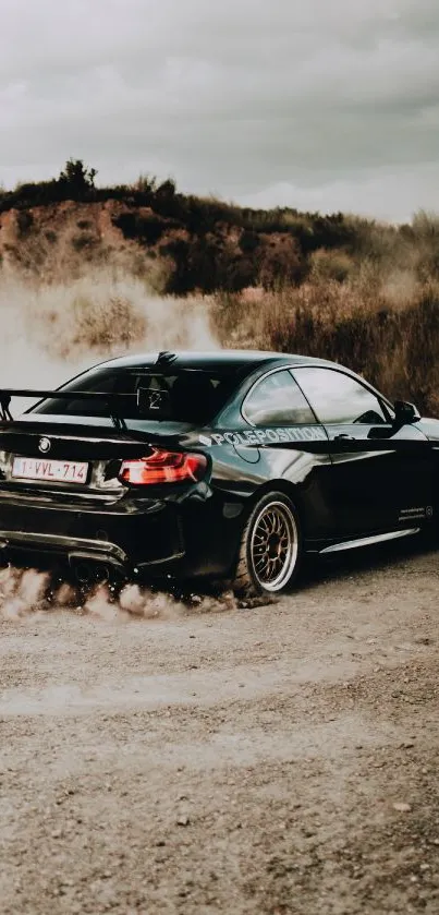 Dynamic sports car drifting in dust on rough terrain.