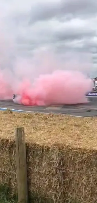 Car drifting with pink smoke on track.