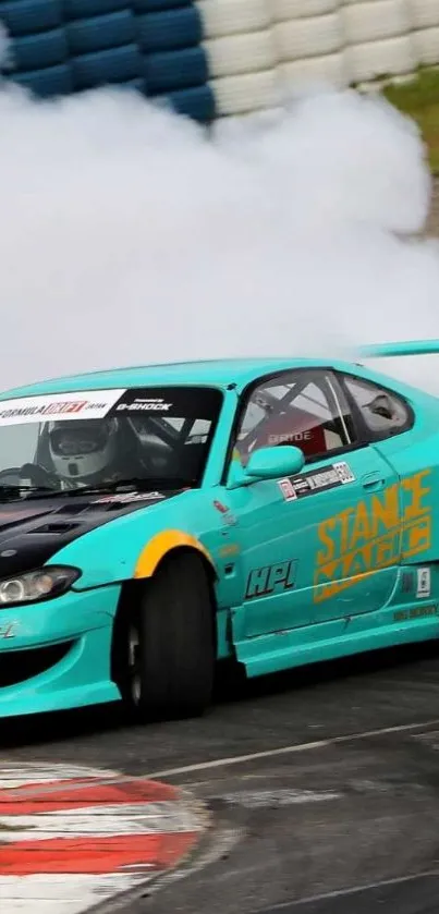 Turquoise race car drifting on track with smoke.