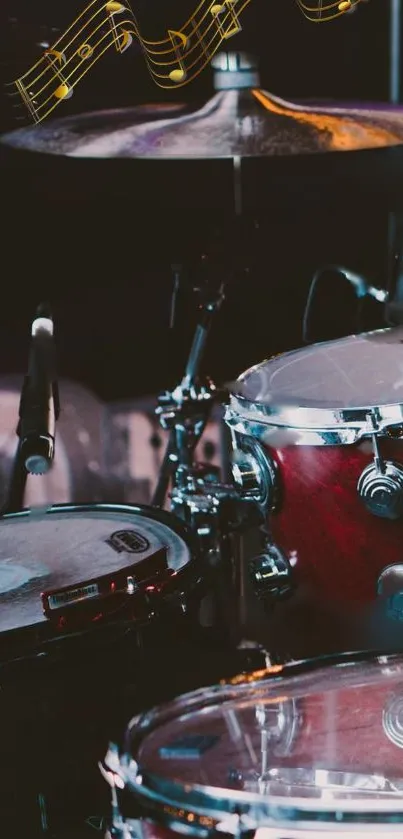 Dynamic drum set on stage with cymbals in focus.