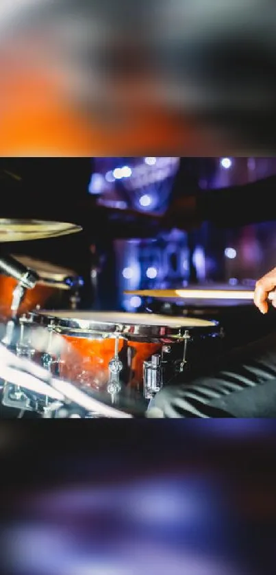 Vibrant drum set with energetic play in a dynamic music scene.